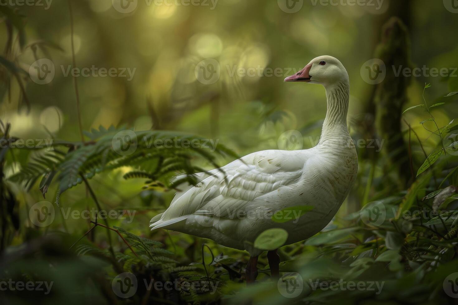 A white goose standing in the middle of a forest photo