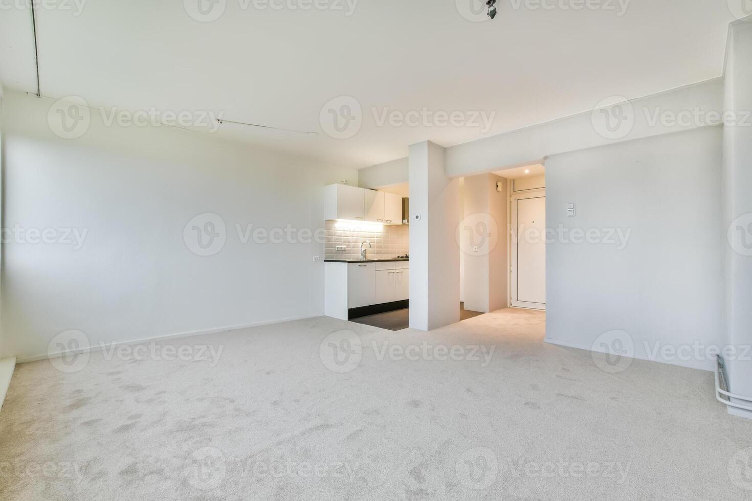 An empty room with a white wall and carpet photo