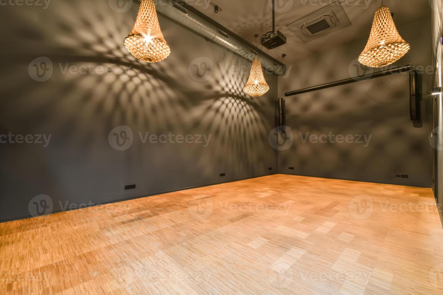 A room with wooden floors and a light fixture photo