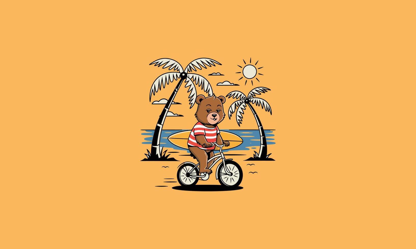 Bear on bike at beach with surfboard and palm trees. vector