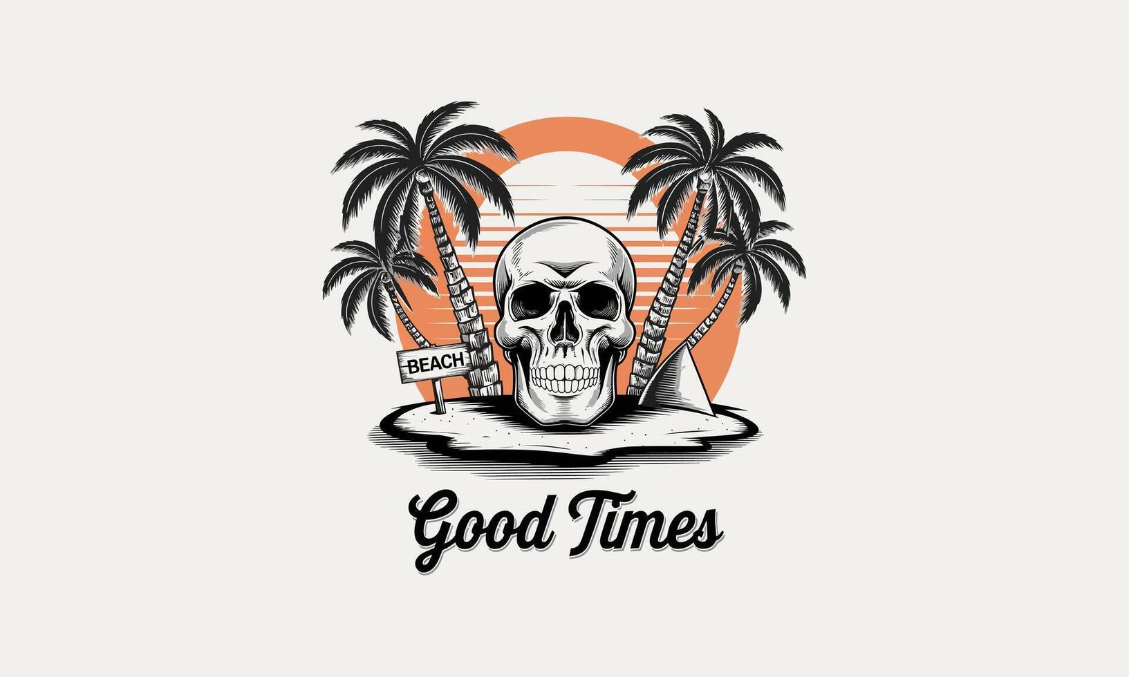 Skull on a beach with palm trees and sunset vector