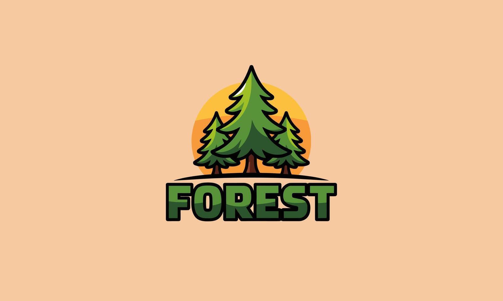 Forest logo design with green trees and sunset backdrop vector