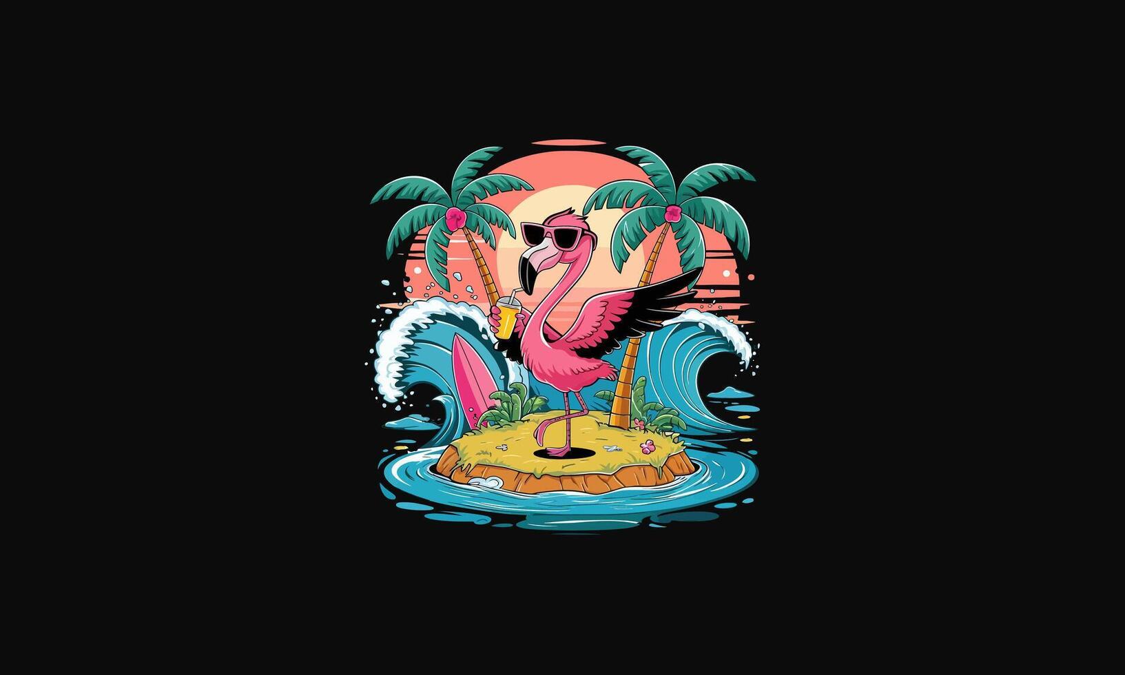 Cool flamingo surfing island at sunset with drink vector