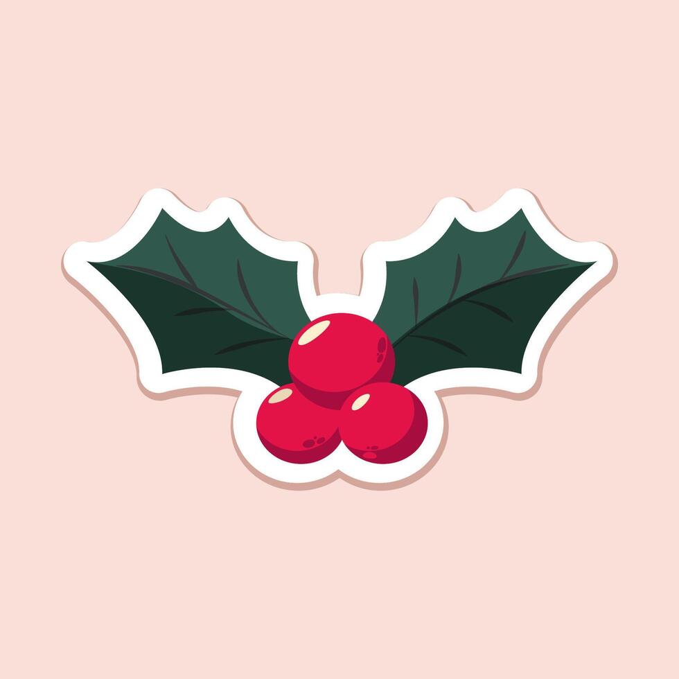 xmas isolated flat red mistletoe with green leaves on beige background. christmas simple flat art vector