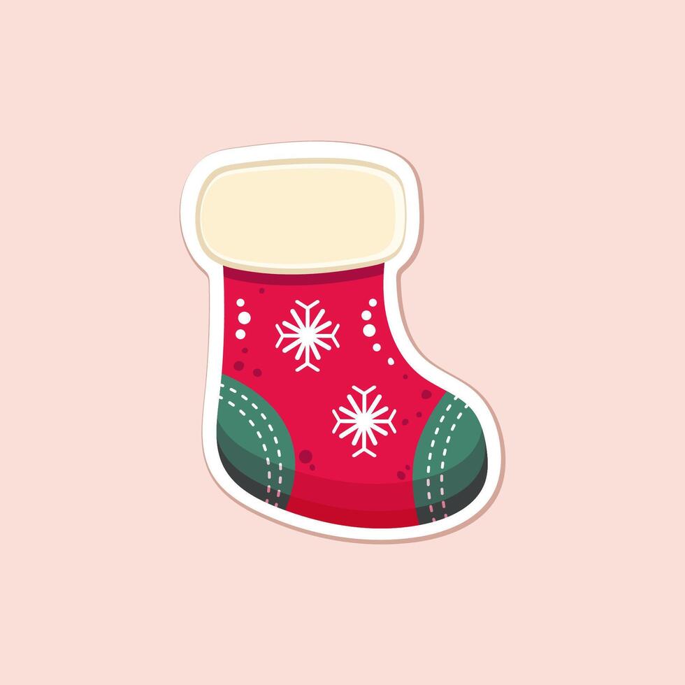 one isolated flat red and green Christmas sock on beige background. christmas simple flat art vector