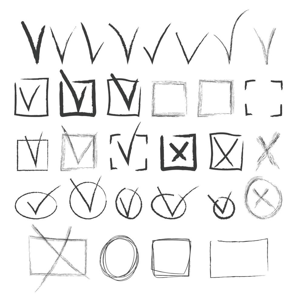 Check mark set. Collection of hand drawn check marks and strikethrough marks vector