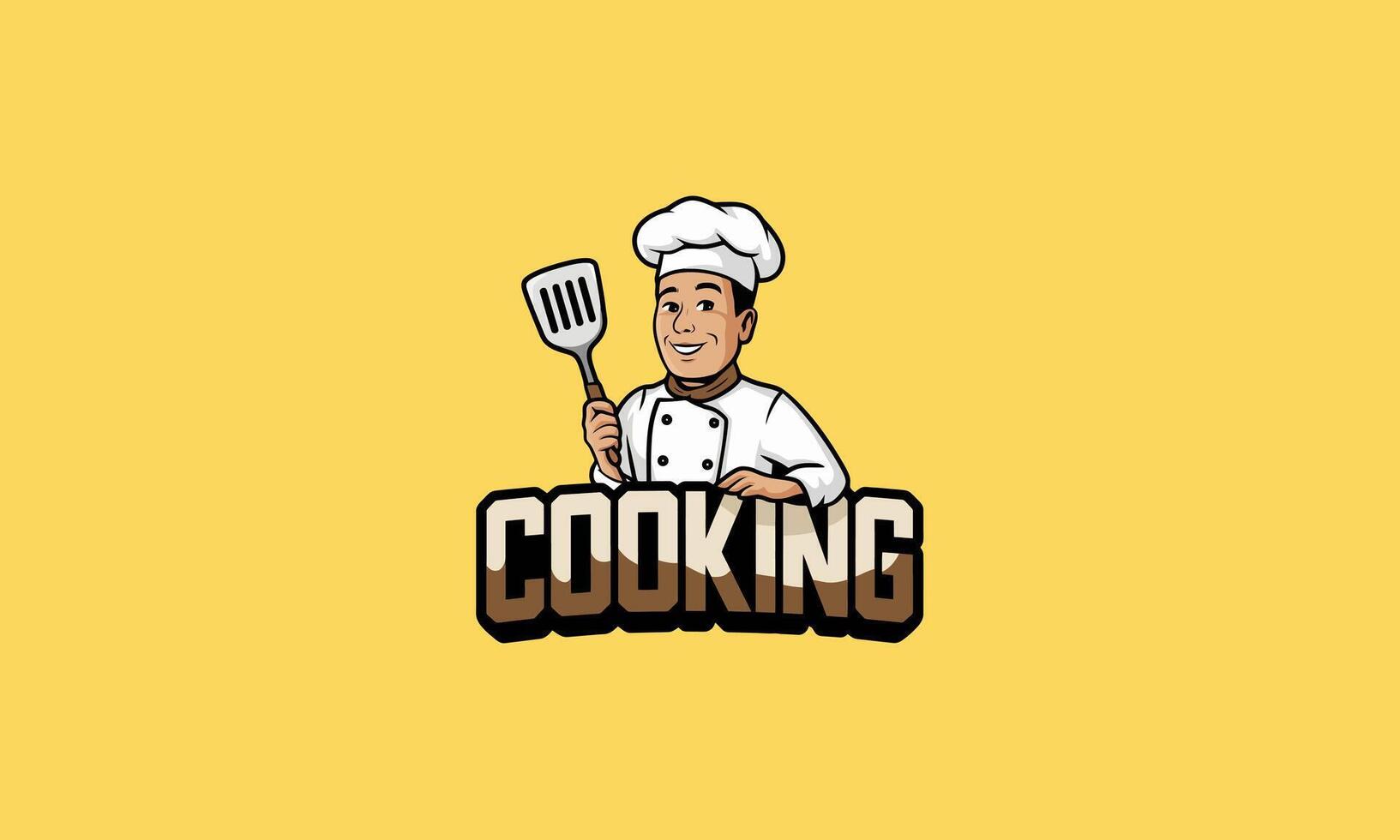 Happy chef holding a spatula with Cooking text vector