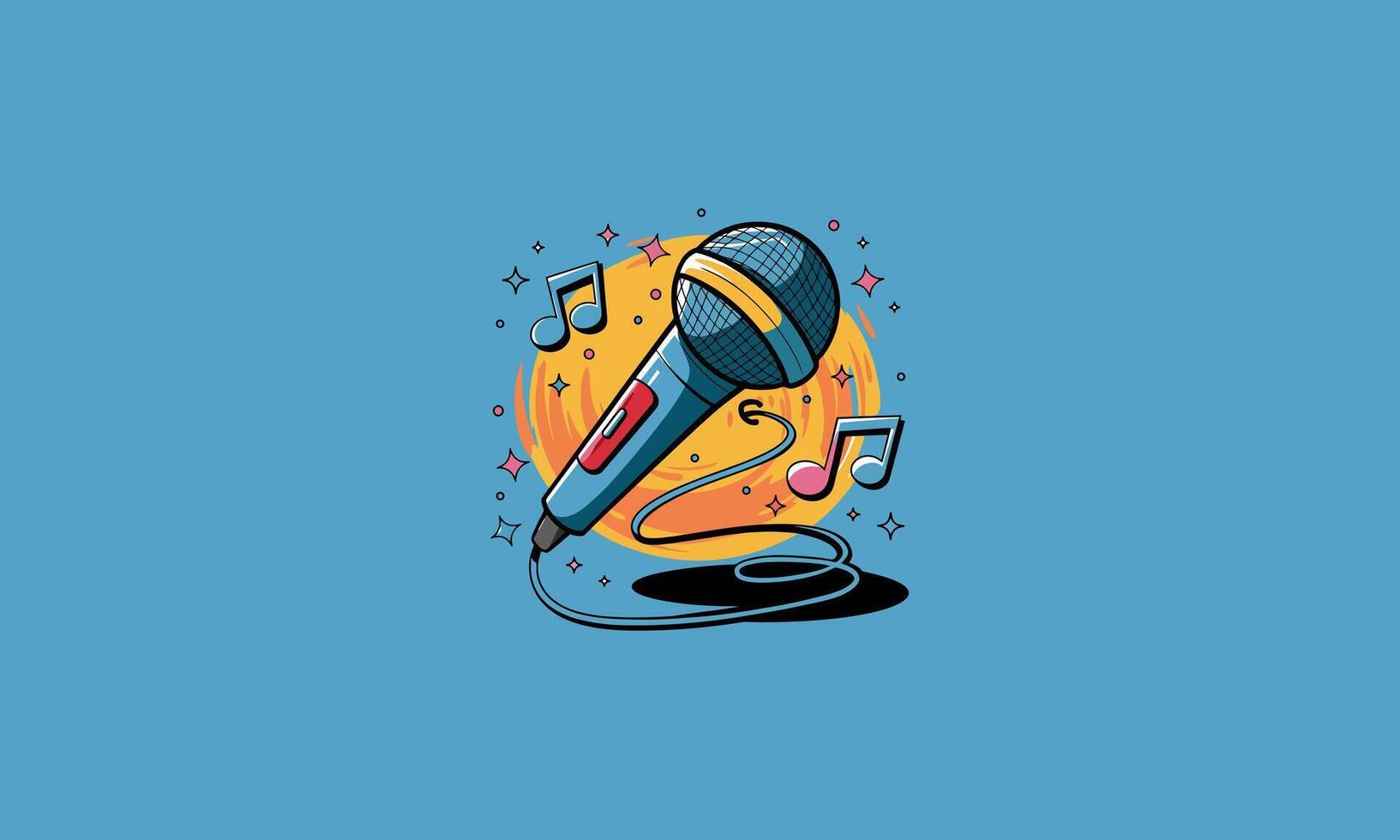 Dynamic microphone with musical notes and colorful background. vector