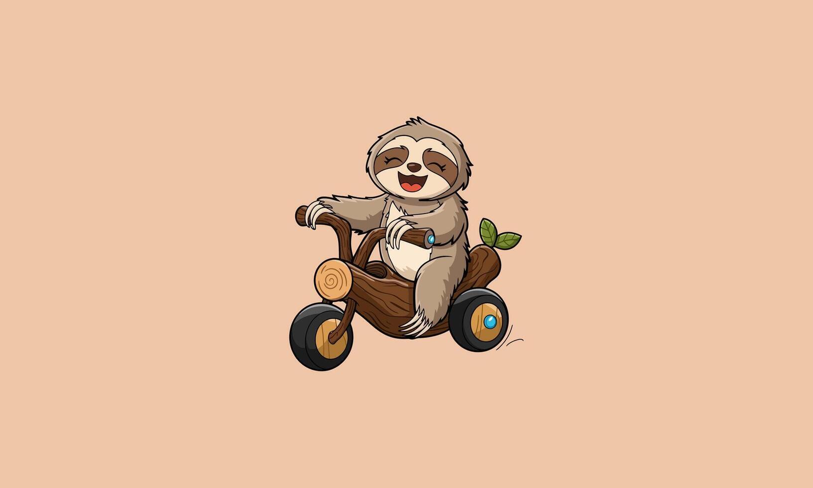 Happy sloth riding a wooden tricycle with a big smile. vector