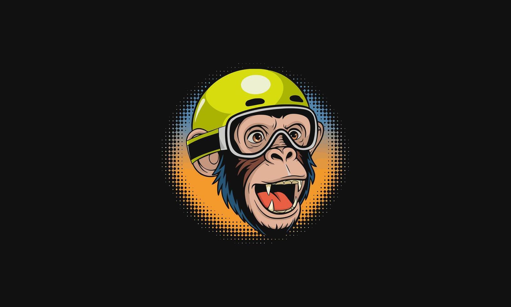 Chimpanzee wearing a yellow helmet and goggles on a dark background. vector