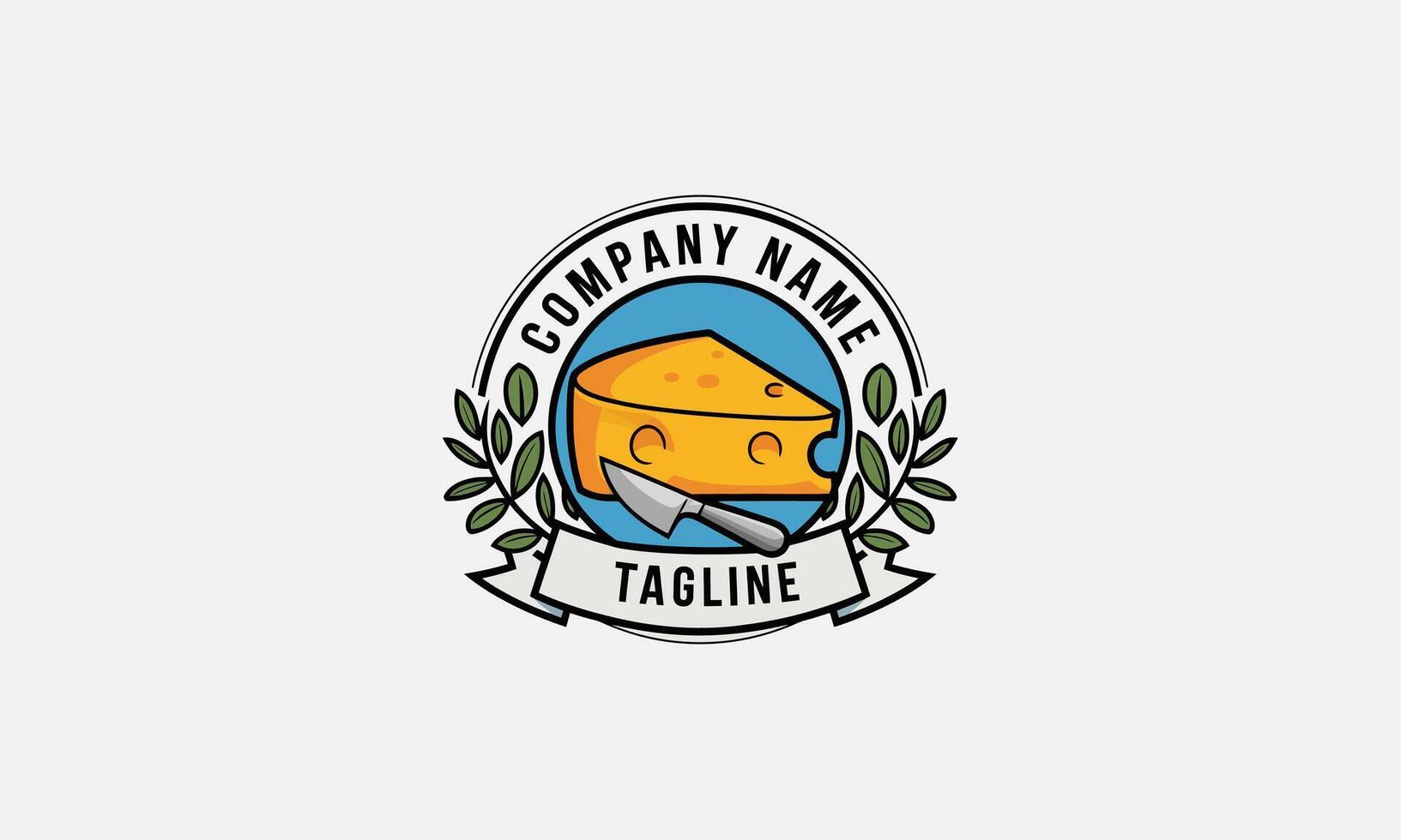 Cheese logo with knife and laurel leaves emblem. vector