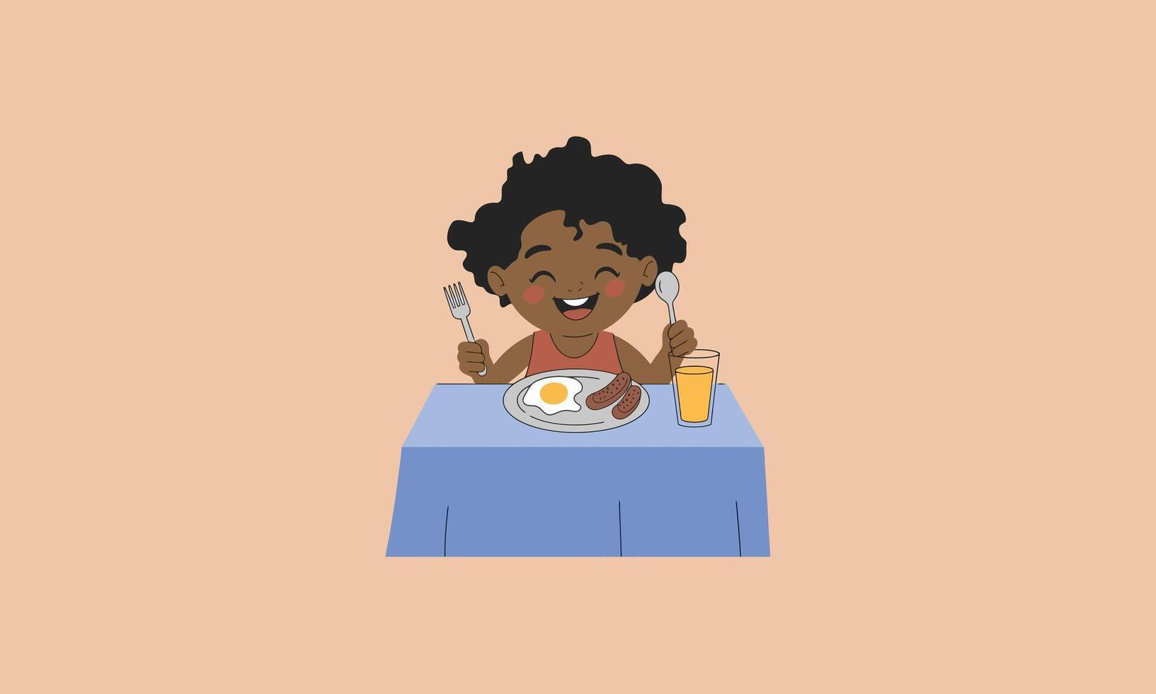 Happy child enjoying breakfast with eggs, sausage, and juice vector