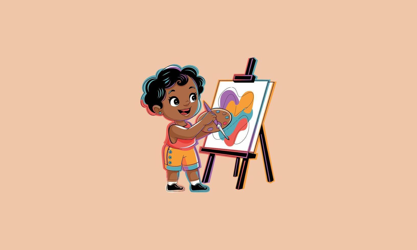 Happy child painting on canvas with brush and palette vector