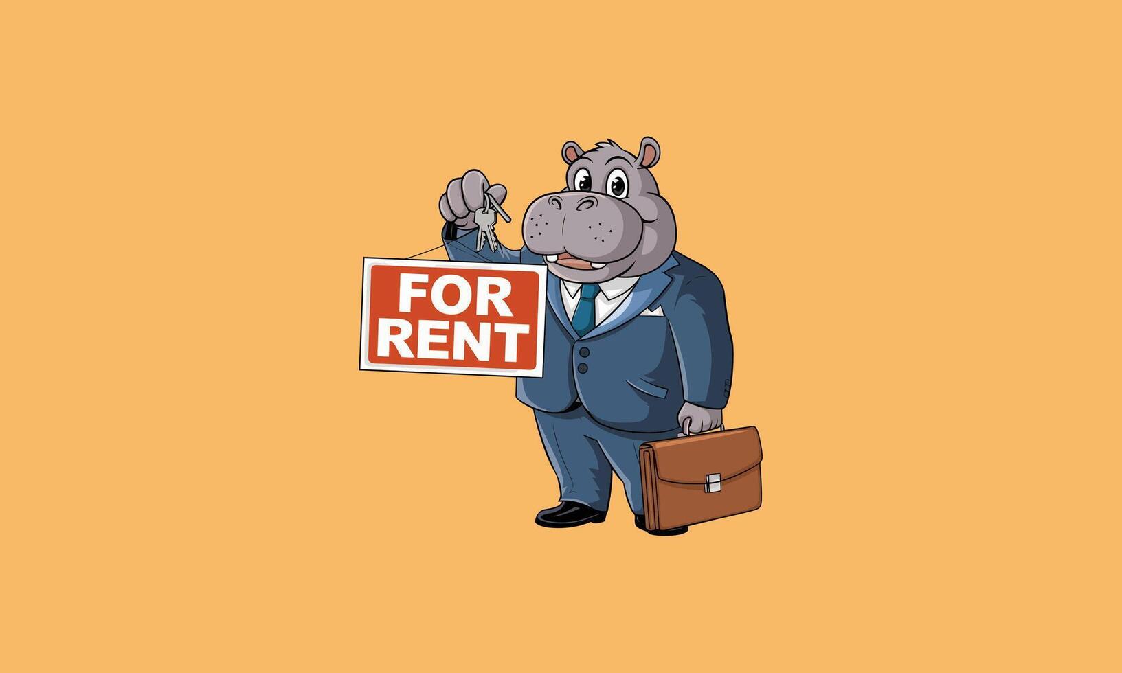 Hippo realtor in a suit holding a For Rent sign vector