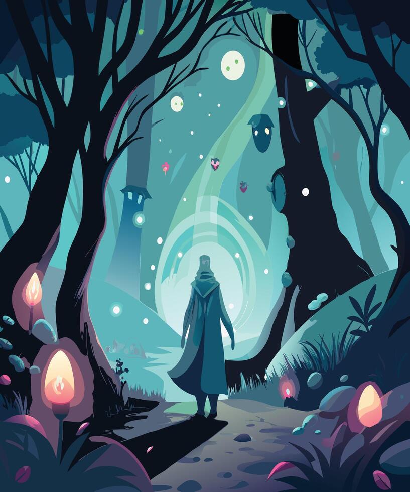 A Lost Soul Wanders an Enchanted Forest, Surrounded by Glowing Spirits. vector