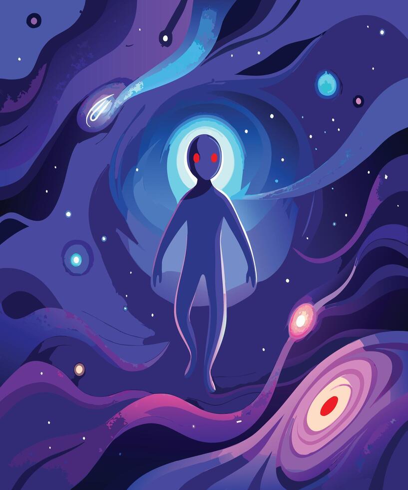 A Lost Soul Drifts Through the Stars, Navigating the Cosmic Abyss. Luminous Soul Among the Galaxies, A Journey Through Nebulae and Space. vector