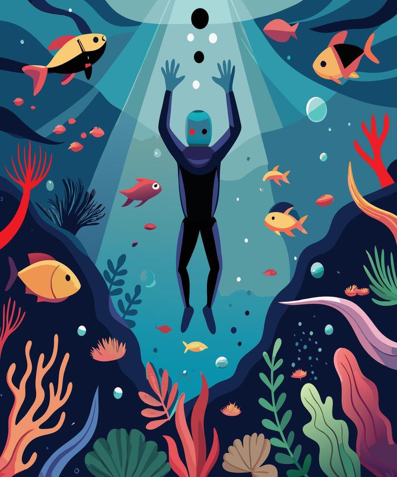 Lost Soul Reaches for the Surface Amid Vibrant Marine Life. vector