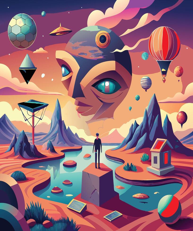 A Journey Through a Dreamlike Realm, Lost Soul Seeks Purpose Amidst Surreal Imagery. vector