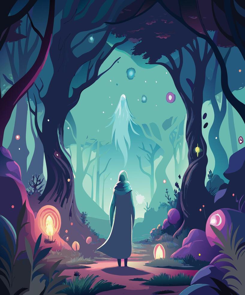 Ethereal Creatures and Glowing Spirits Guide a Lonely Soul Through a Mystical Woodland. vector