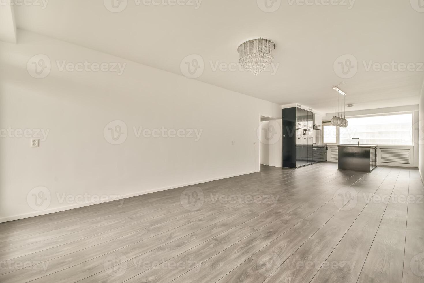 An empty room with wooden floors and white walls photo