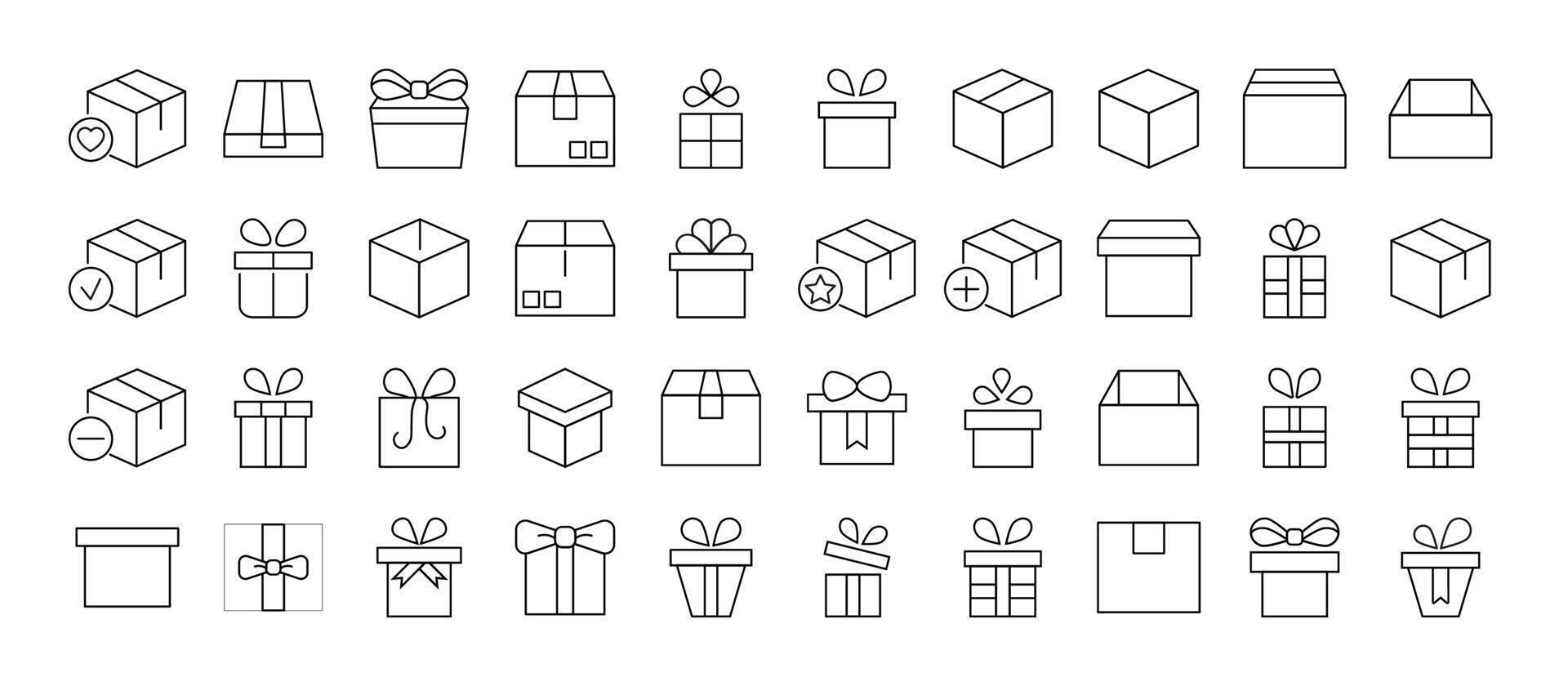 Collection of Line Signs of boxes and giftboxes as holiday and delivery symbols. Suitable for books, stores, shops. Editable stroke in minimalistic outline style. Symbol for design vector