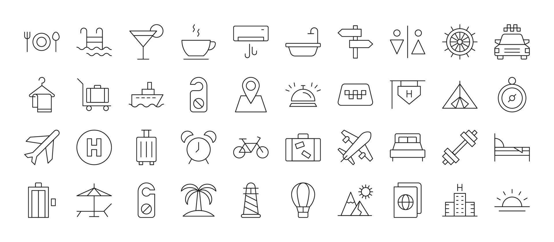 Line Signs of hotel, vacation, travel for Adverts. Suitable for books, stores, shops. Editable stroke in minimalistic outline style. Symbol for design vector