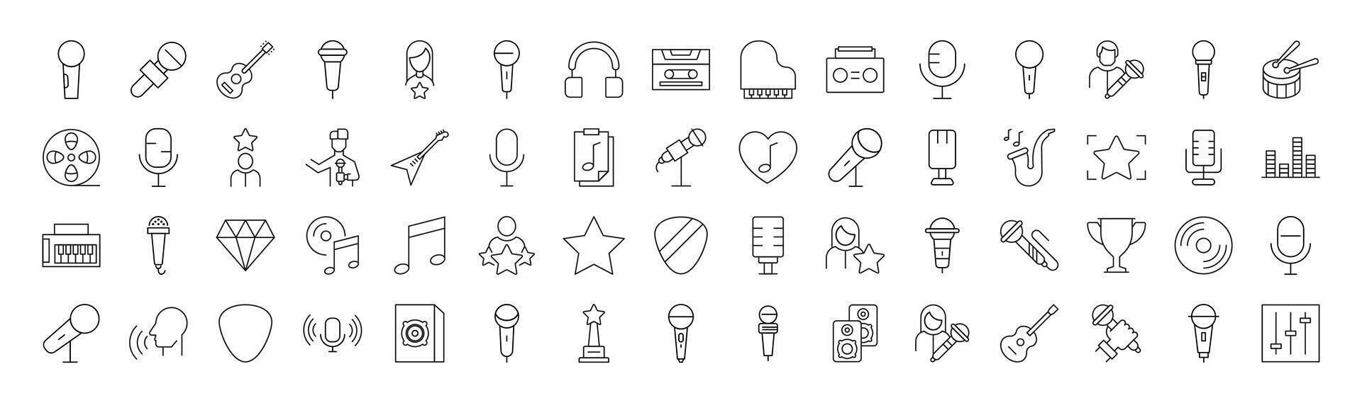 Line Signs of music, singer, microphone for Adverts. Suitable for books, stores, shops. Editable stroke in minimalistic outline style. Symbol for design vector