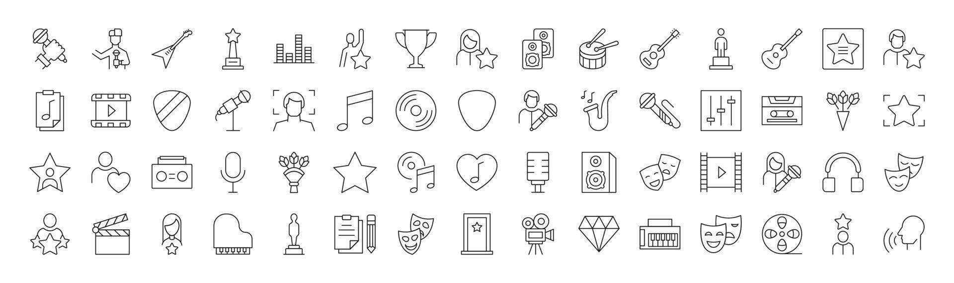 Collection of Line Icons of actor, singer, music and theatre for Adverts. Suitable for books, stores, shops. Editable stroke in minimalistic outline style. Symbol for design vector
