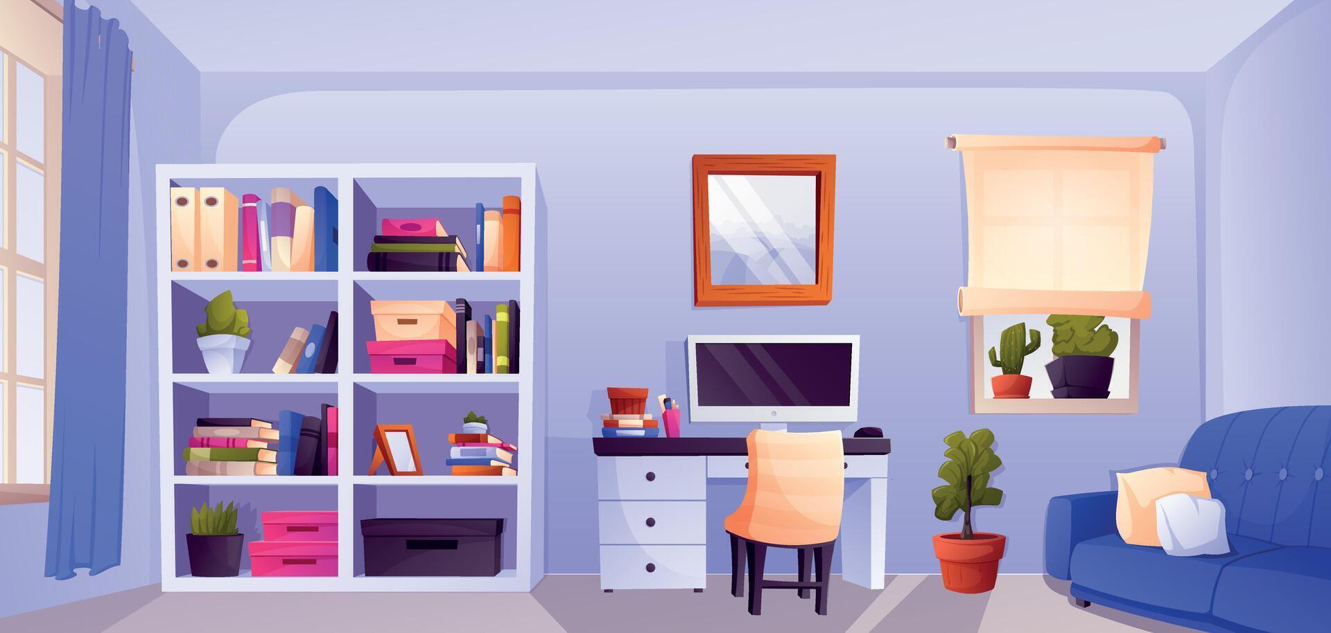 Home office room interior. Desk with computer, large bookcase and sofa. Remote work online. Cartoon banner or background of gaming environment. vector