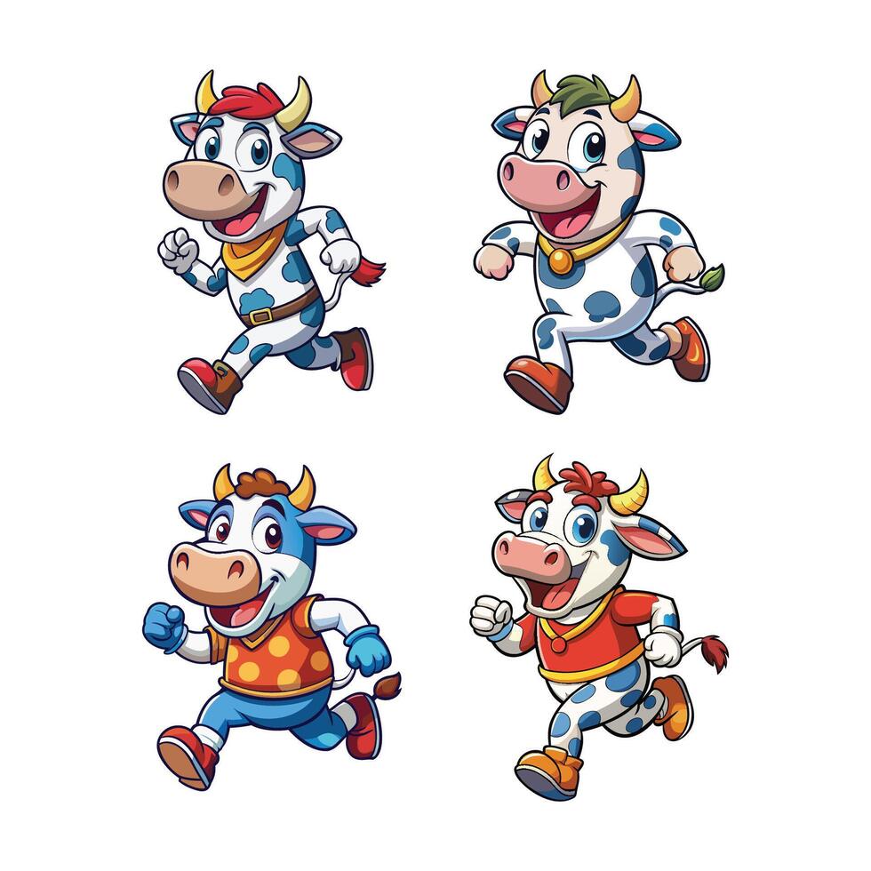 fun cow character running cartoon illustration. set of cute animal illustration vector