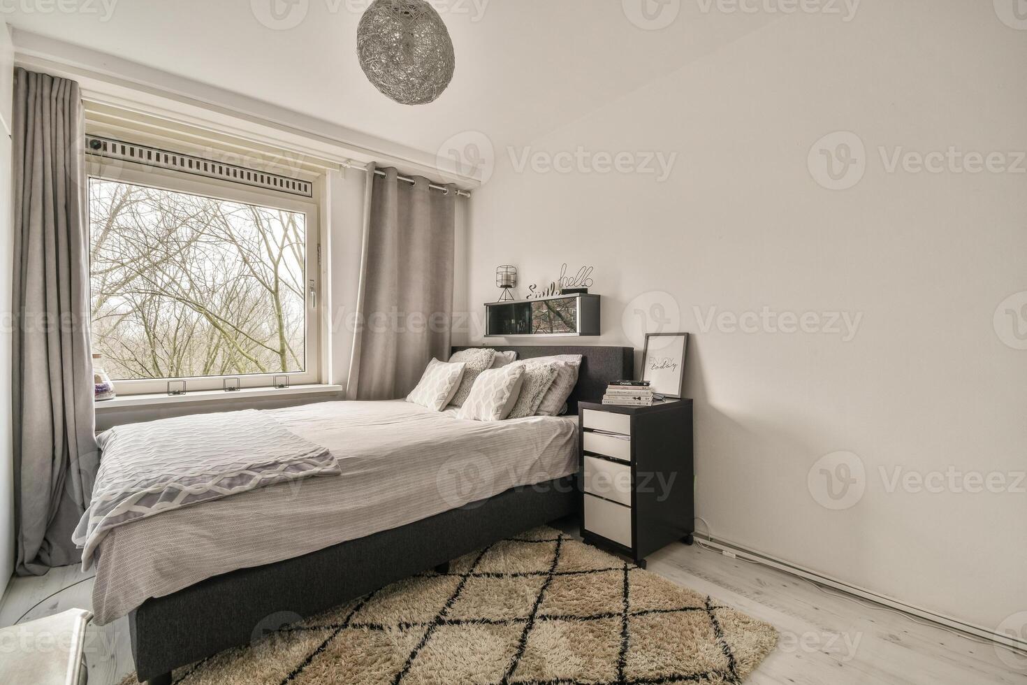 A bedroom with a bed, a window and a rug photo