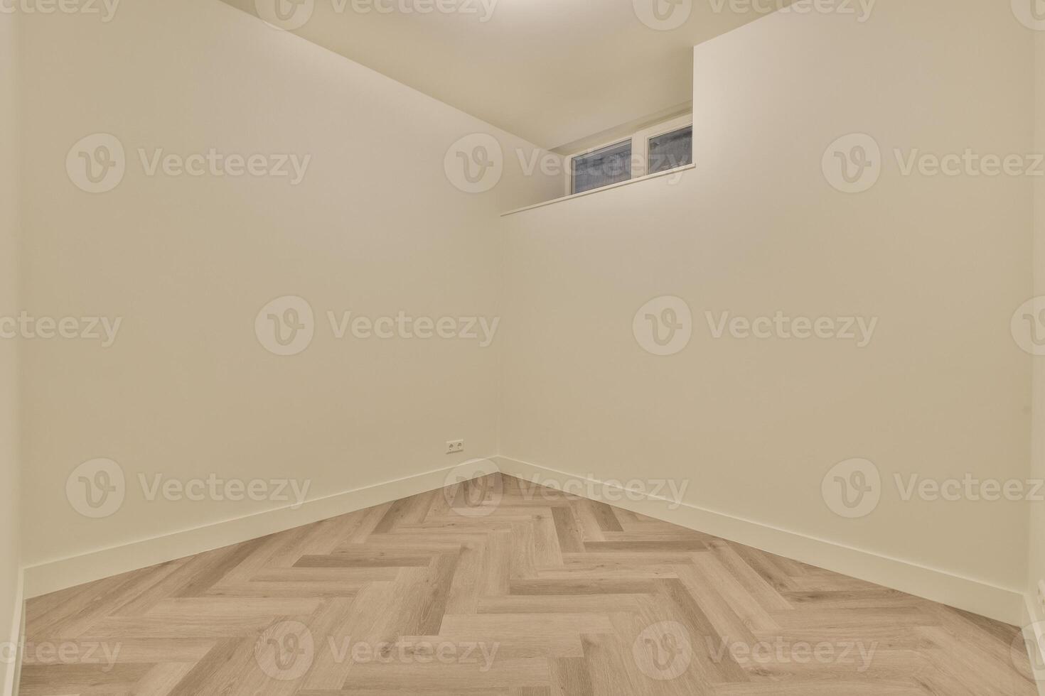 An empty room with a white wall and wooden floor photo