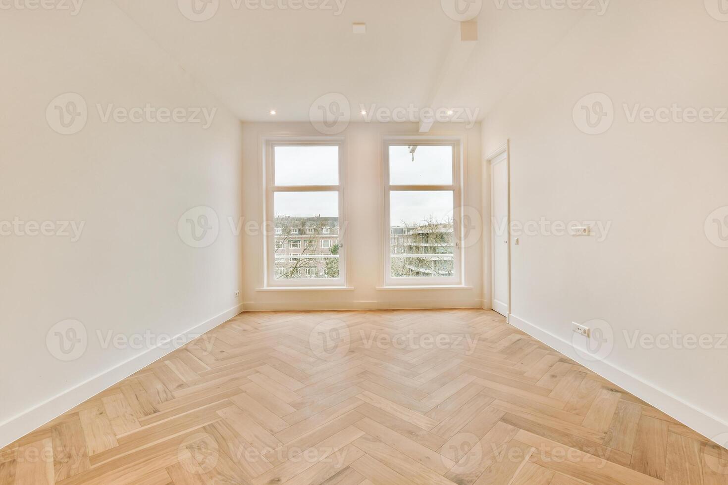 An empty room with white walls and wooden floors photo