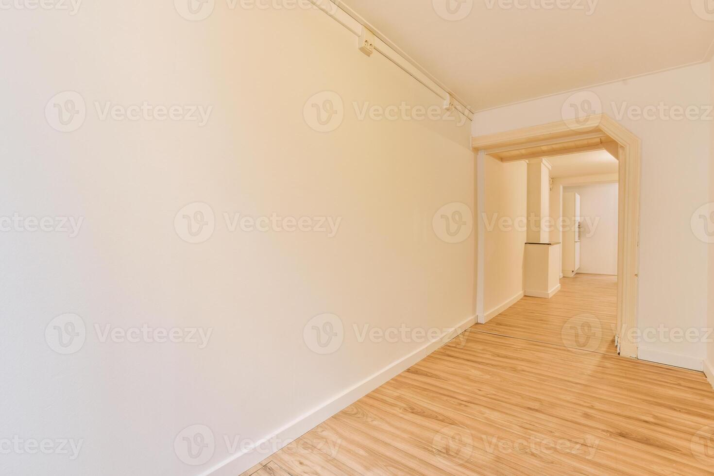 A hallway with wooden floors and white walls photo