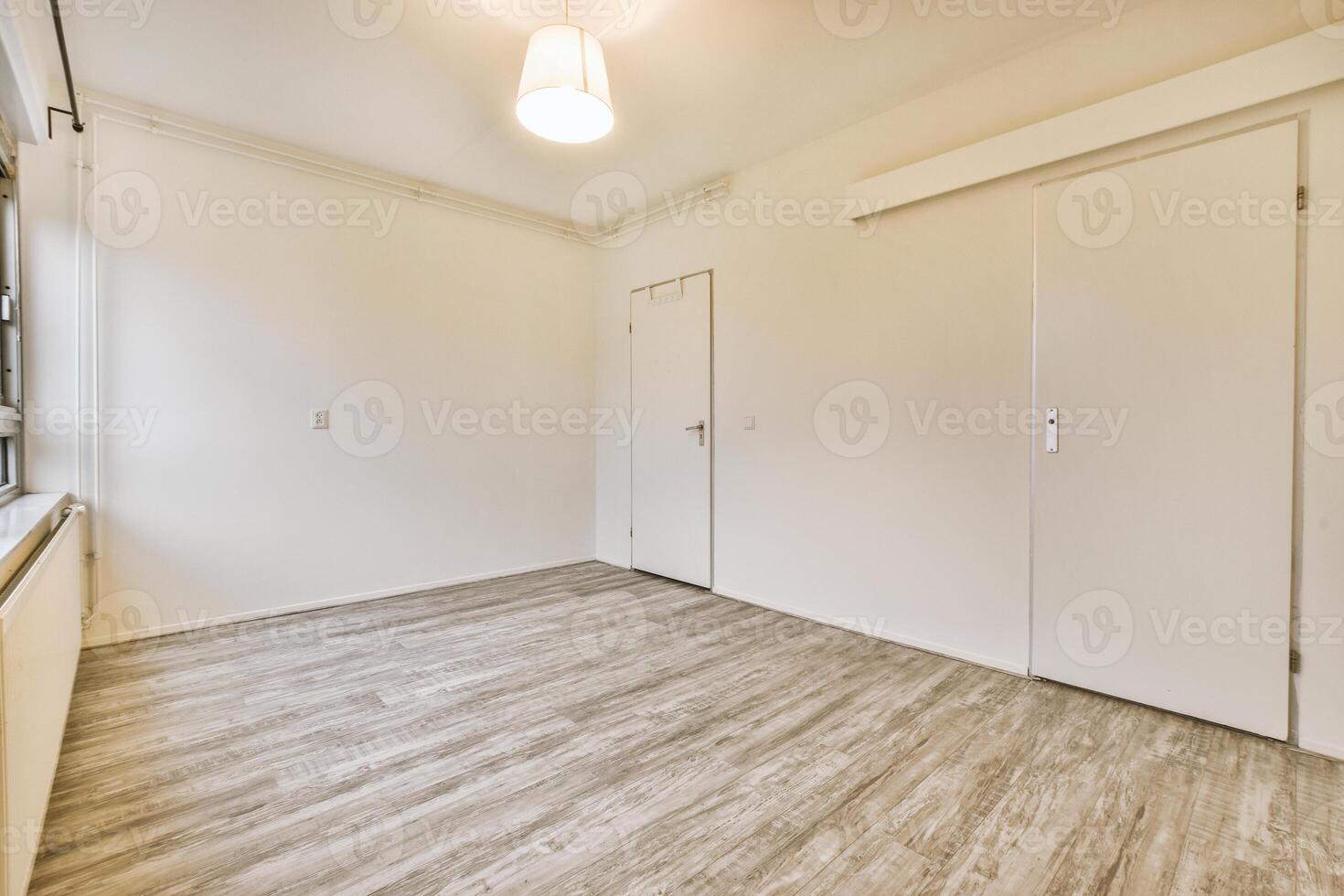 Empty room with wooden floor and white walls photo