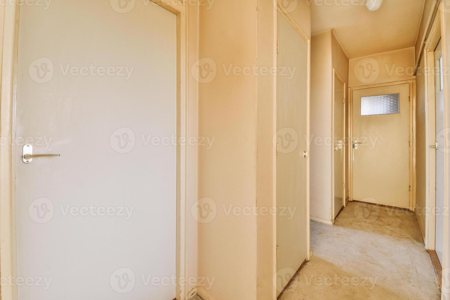A hallway with two doors and a light switch photo