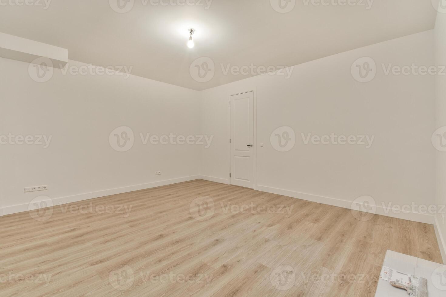 Empty room with white walls and wooden floors photo