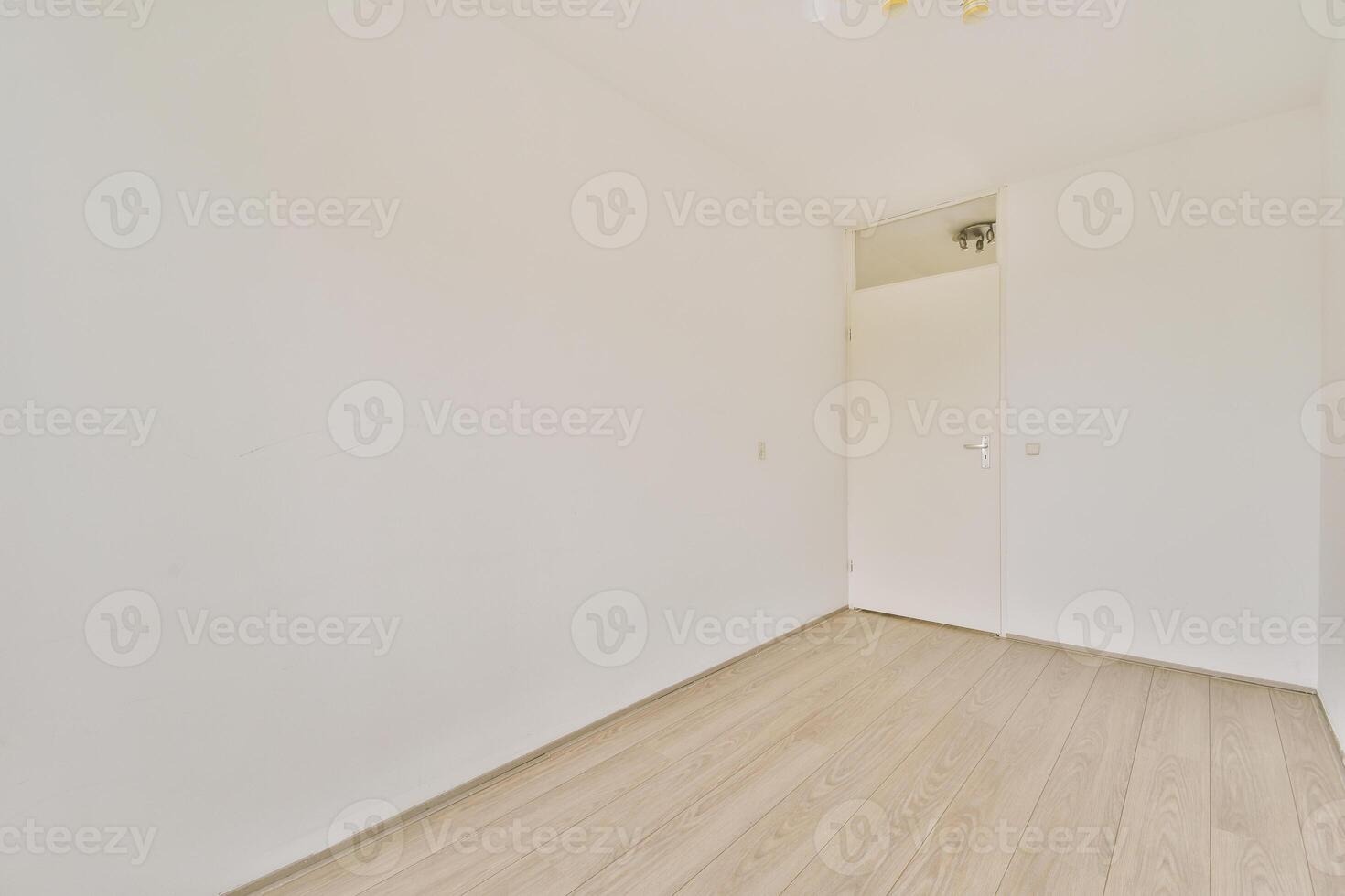 An empty room with white walls and wooden floors photo