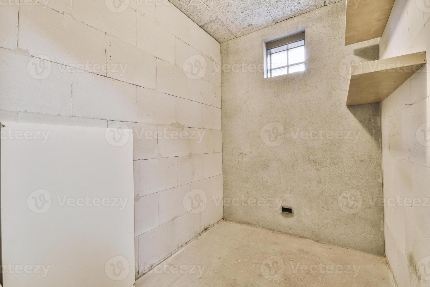 A bathroom with a shower and a wall with a window photo