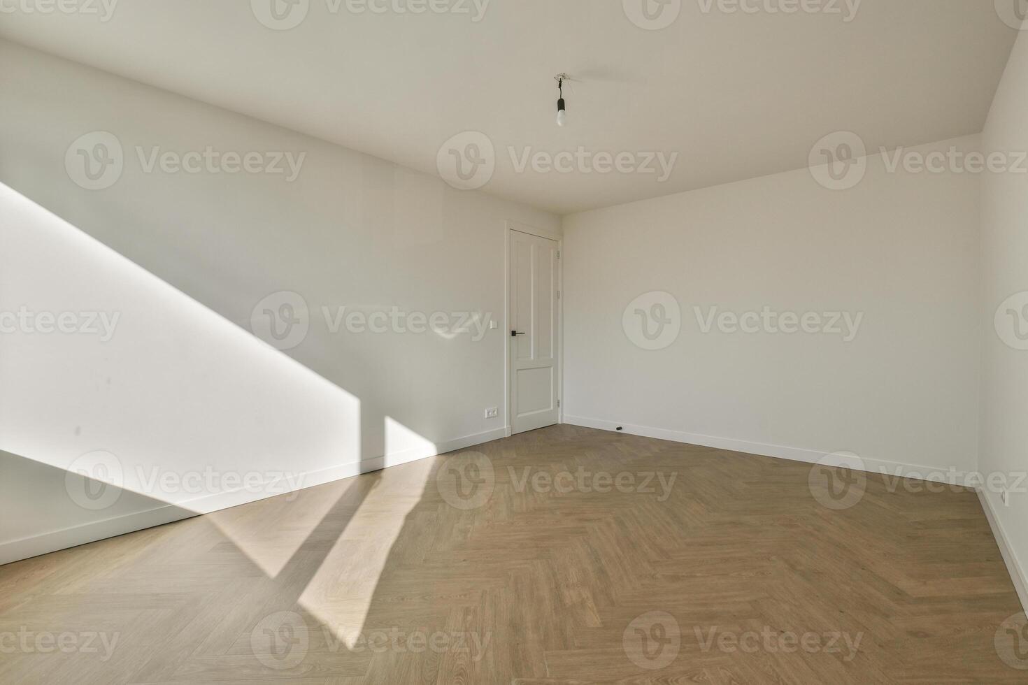 Empty room with white walls and wooden floors photo