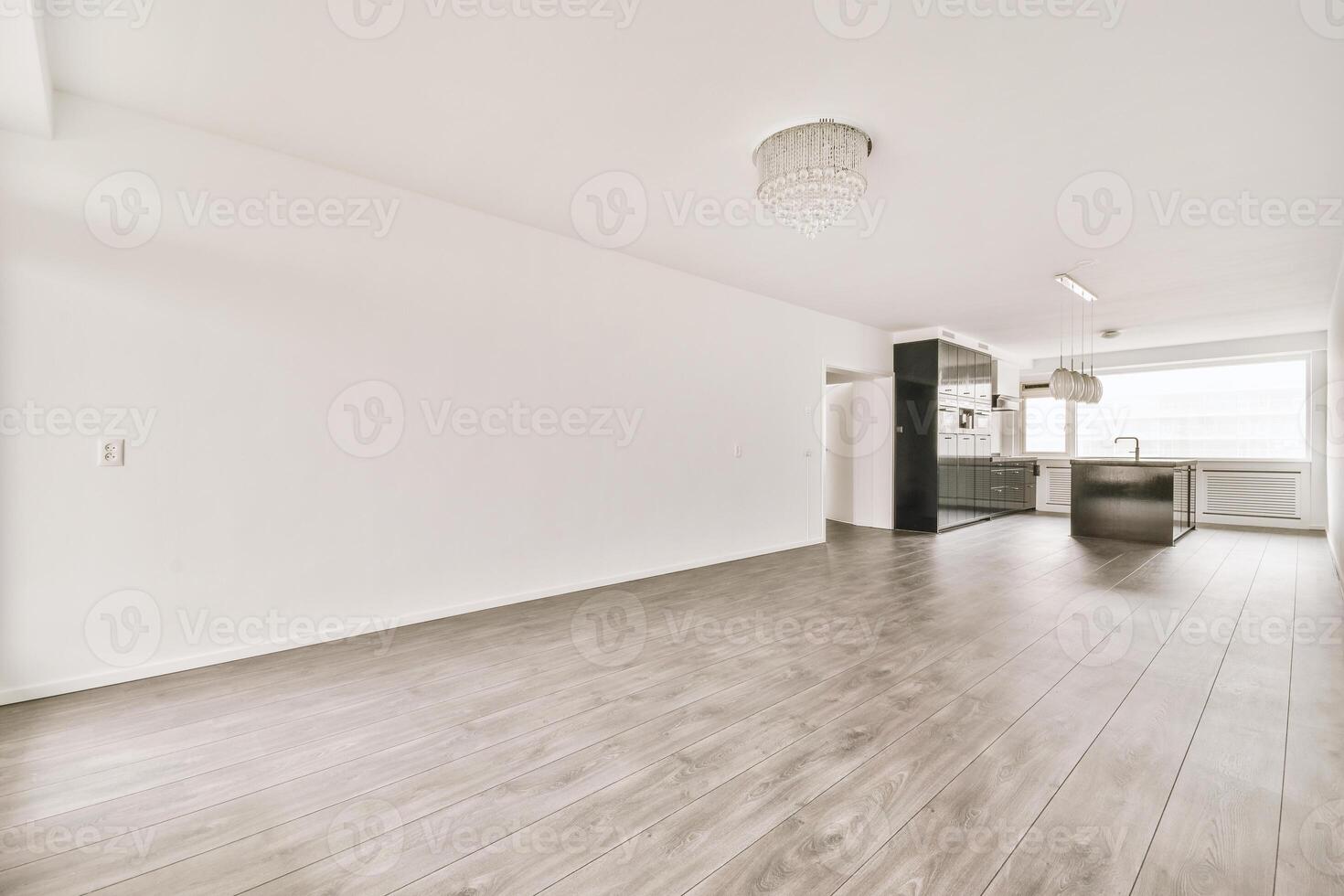 An empty room with wooden floors and white walls photo