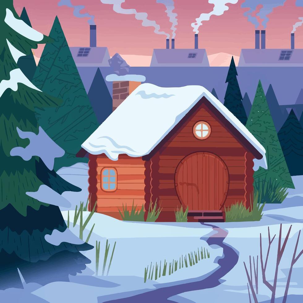 A Christmas-themed illustration of a snowy landscape with a wooden cabin vector