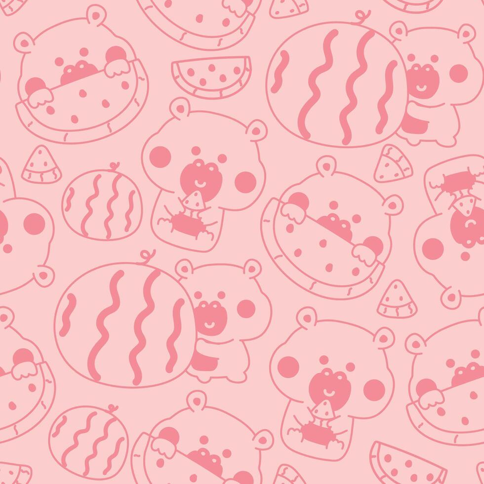 Seamless pattern of cute hippopotamus in various poses with watermelon fruit line hand drawn background.Wild mammals animal character cartoon design.Kawaii.Illustration. vector