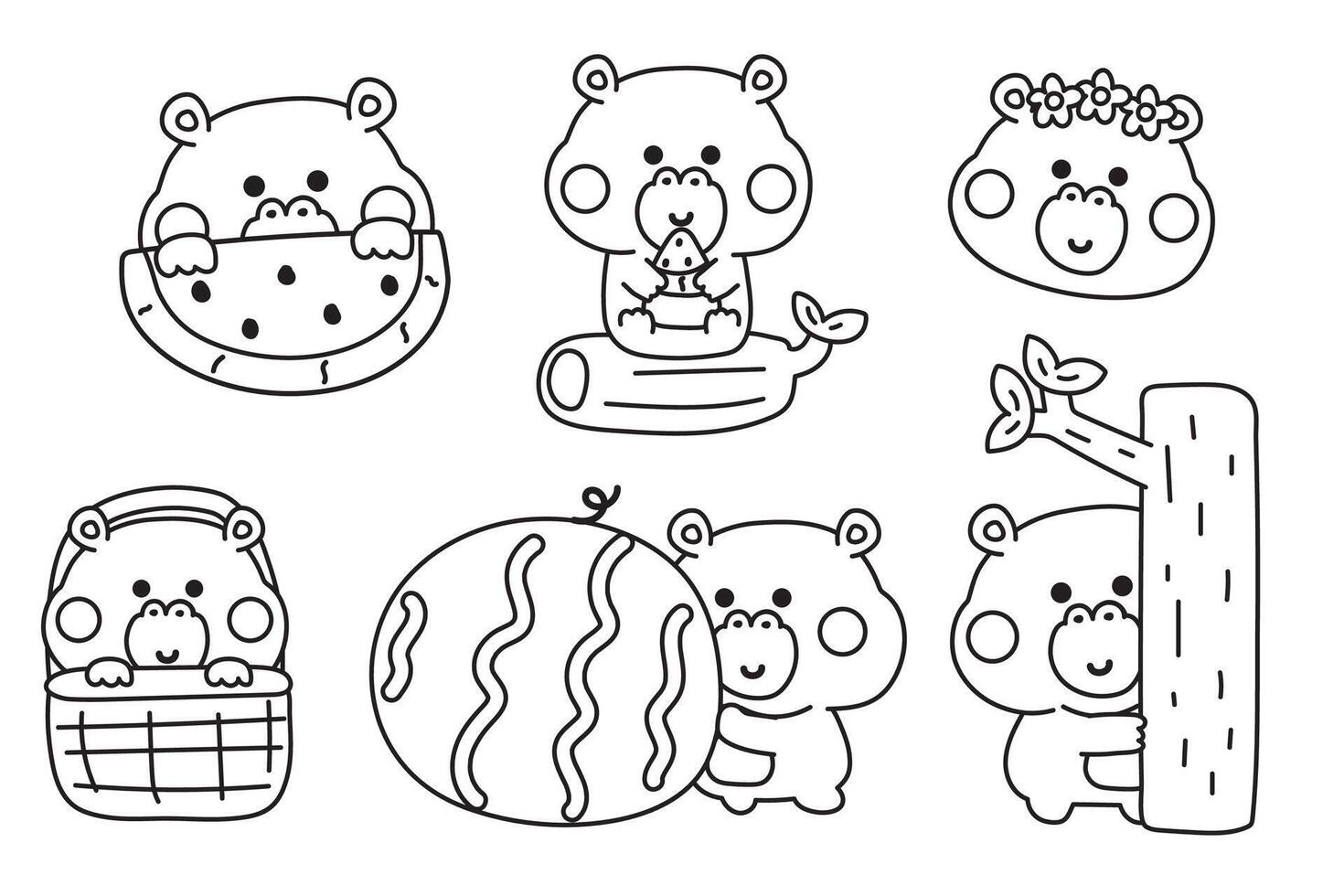 Coloring book.Painting book for kid.School.Page.Set of cute various poses hippopotamus.Nature.Watermelon,flower,tree hand drawn.Mammal animal character cartoon design.Baby graphic.Kawaii. vector