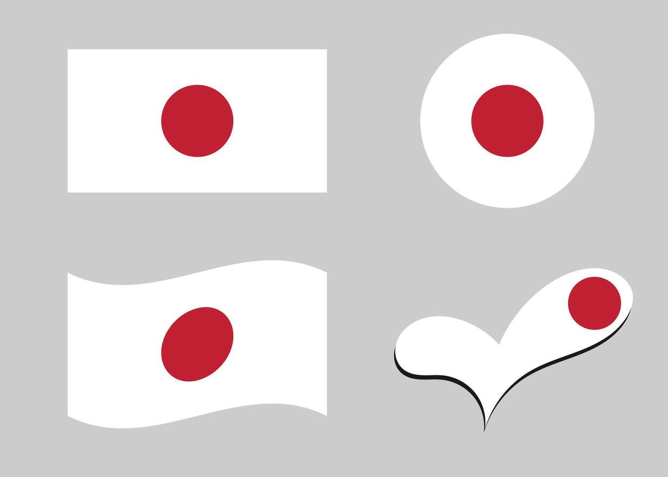 Flag of Japan. Japan flag in heart shape. Japan flag in circle shape. Country flag variations vector