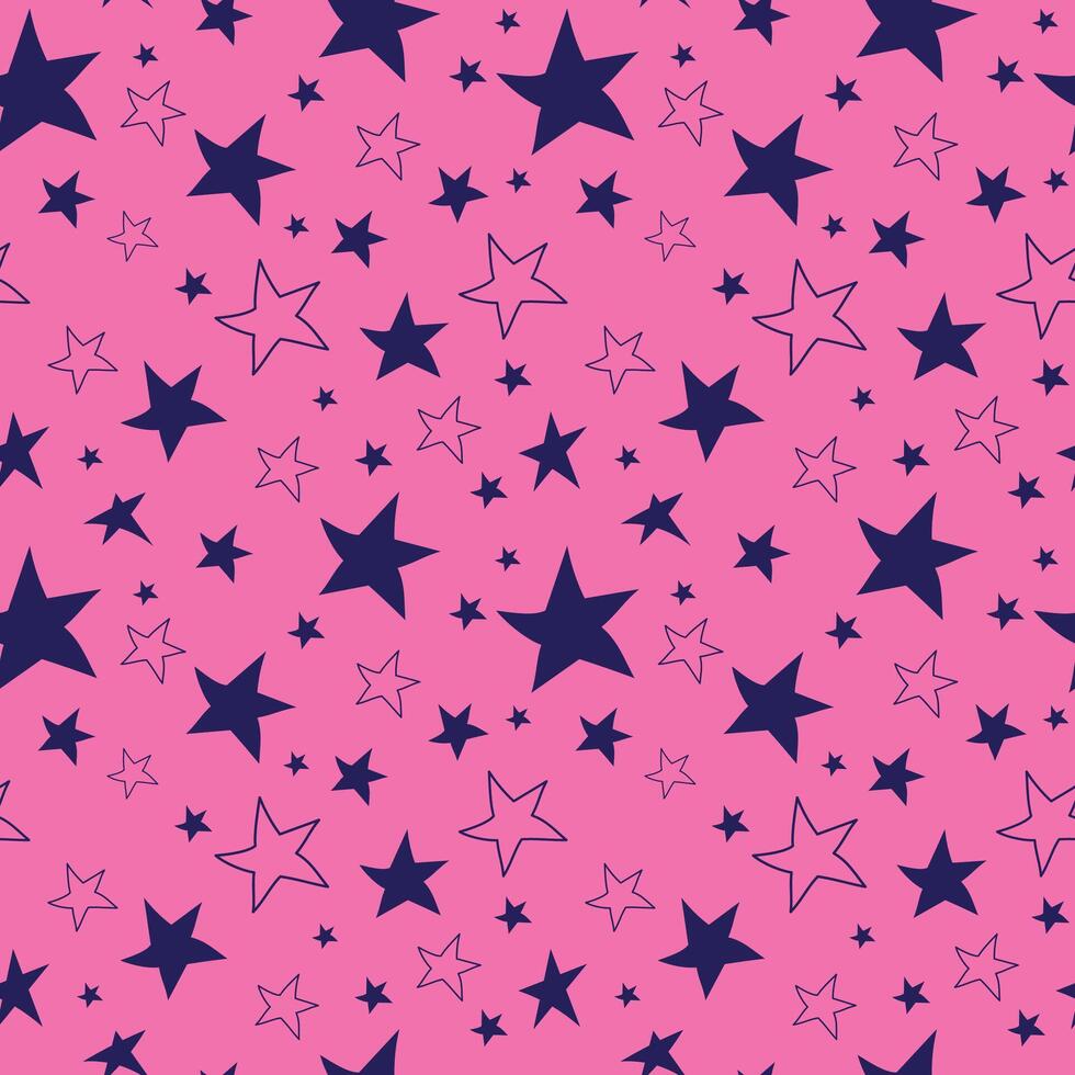Hand drawn stars pattern. Dark stars on pink background. Seamless pattern with stars. Doodle stars vector