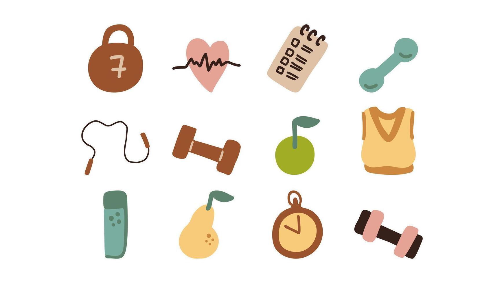 Fitness doodle clipart set. Hand drawn sportswear, dumbbell, jump rope, heart graph, timer and more vector