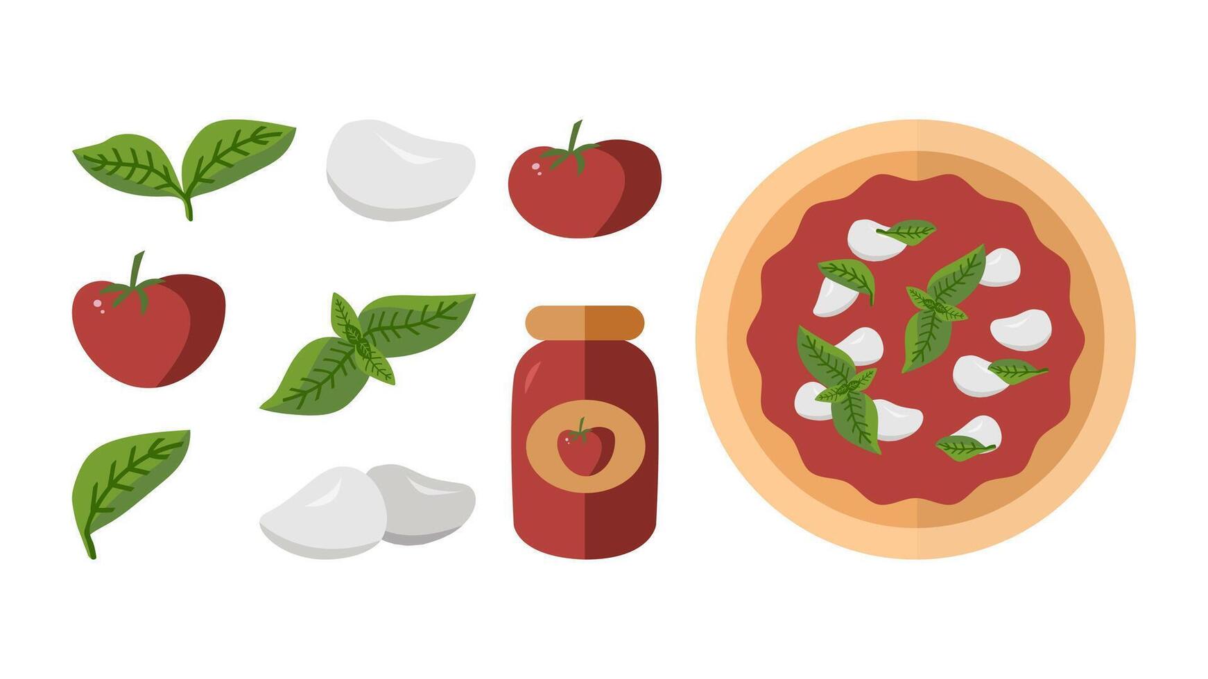 Margarita pizza in flat style. Basil, tomato sauce, mozzarella. Top view Neapolitan pizza. vector
