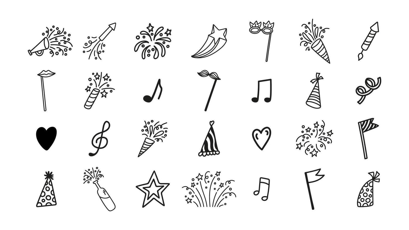Hand drawn party time doodle set with fireworks, confetti and decoration vector