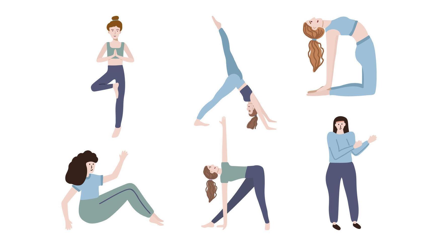 Yoga and fitness poses. Young women characters practicing on yoga mat. Flat color illustrations vector